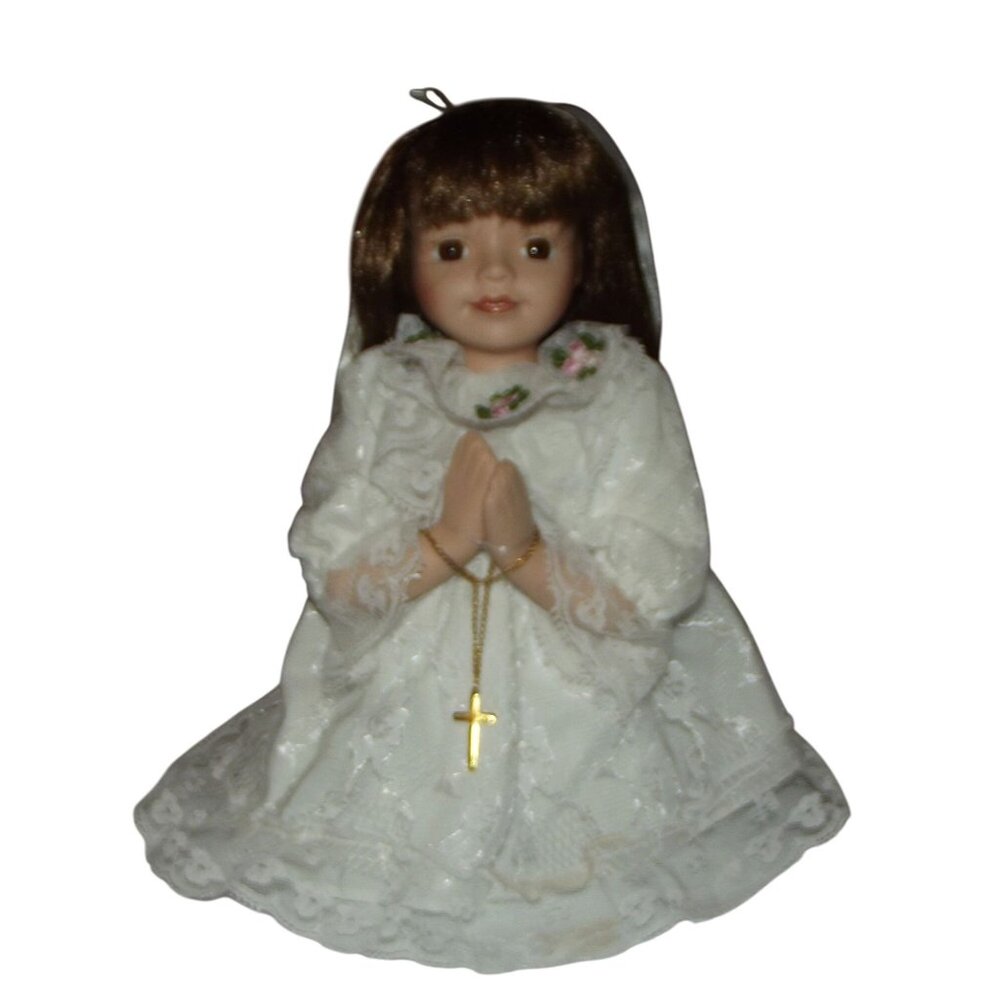 Praying Girl Doll 10.5" Porcelain Cross necklace white lace dress kneeling brown